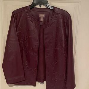 Chico's Deep Burgundy Faux Leather Jacket with Stitched Floral Pattern